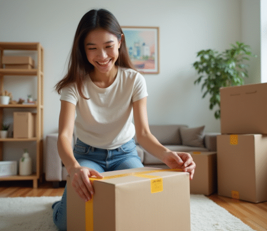 Jeune femme emballant une boîte dans un appartement organisé