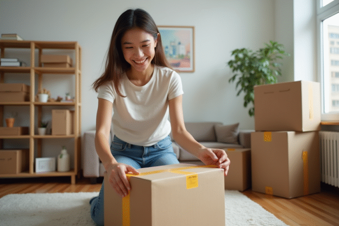 femme-emballant-demenagement Jeune femme emballant une boîte dans un appartement organisé