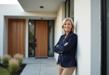 Moderniser la façade de maison pour un extérieur tendance : idées et conseils Femme souriante pointant vers façade maison rénovée moderne