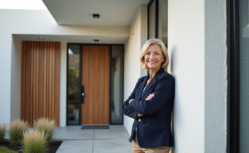 Moderniser la façade de maison pour un extérieur tendance : idées et conseils Femme souriante pointant vers façade maison rénovée moderne