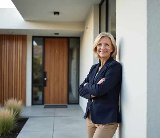 Moderniser la façade de maison pour un extérieur tendance : idées et conseils Femme souriante pointant vers façade maison rénovée moderne