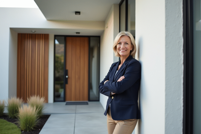 femme-fenetre-renovation-maison Femme souriante pointant vers façade maison rénovée moderne