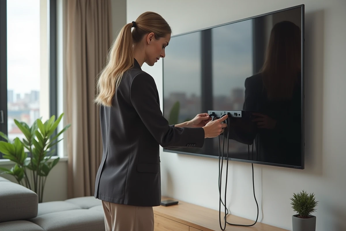 Femme organisant câbles derrière un téléviseur mural