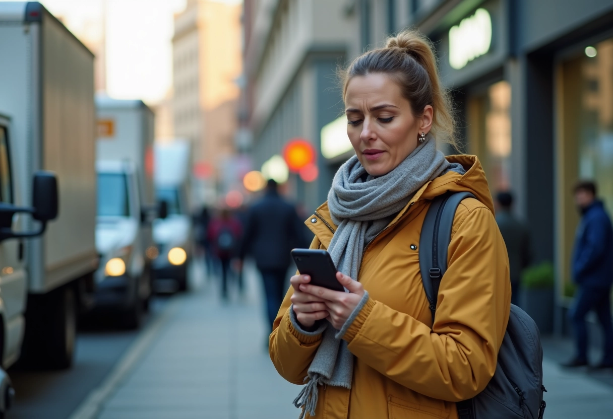 Femme inquiète avec téléphone devant un déménagement urbain