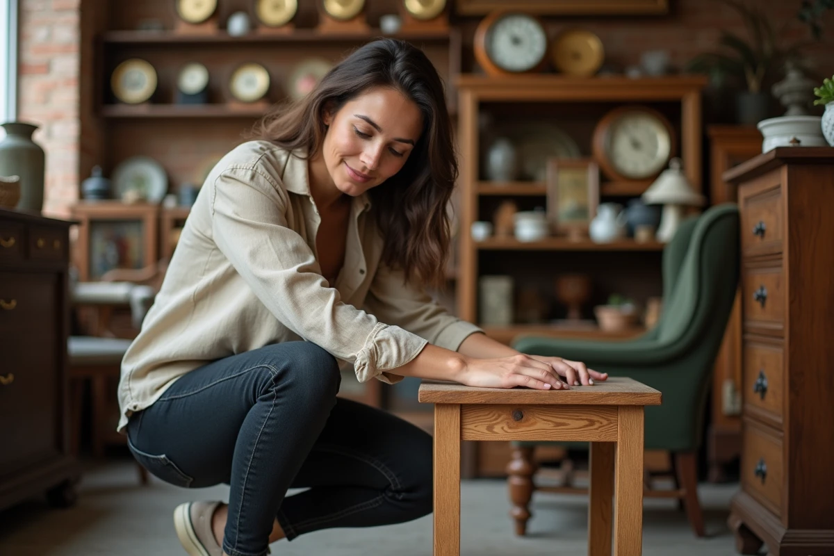 Femme inspectant une table en chêne vintage dans une boutique de meubles d'occasion