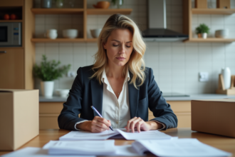 Femme vérifiant des factures dans sa cuisine moderne