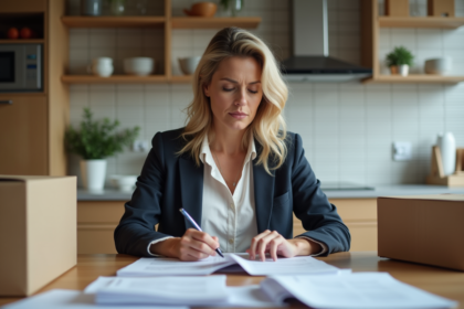 Femme vérifiant des factures dans sa cuisine moderne