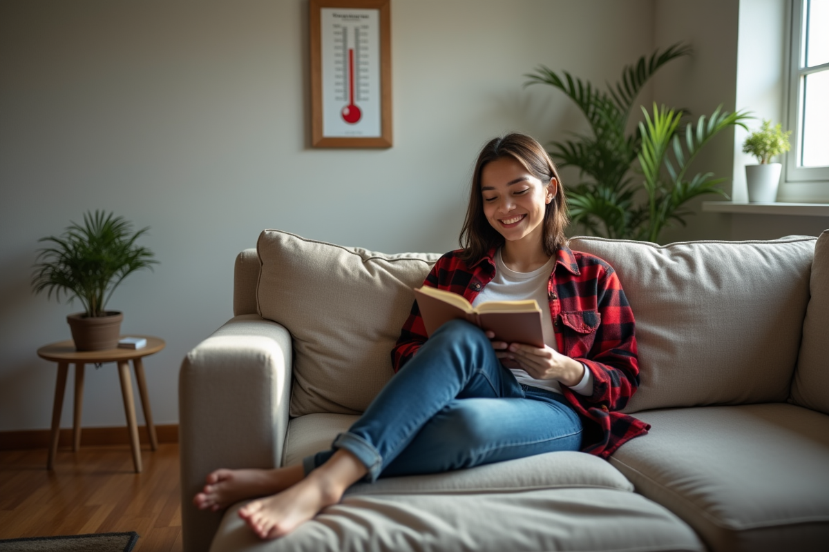 Jeune femme lisant sur un canapé dans un sous-sol accueillant