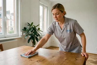Femme de ménage professionnelle en uniforme gris essuyant une table en bois dans un appartement moderne à Orléans