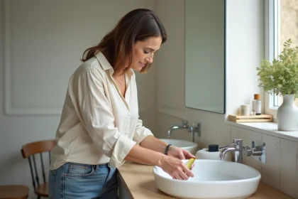 Femme mesurant un lavabo de salle de bain moderne