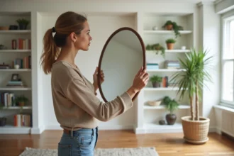 Femme en intérieur tenant un miroir rond dans un salon élégant