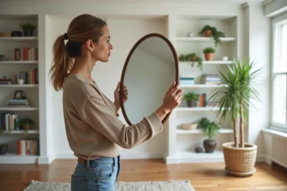 Femme en intérieur tenant un miroir rond dans un salon élégant
