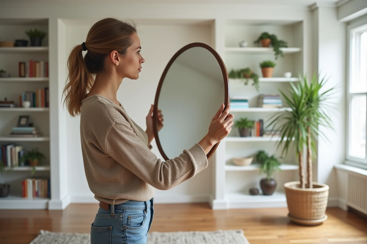 Femme en intérieur tenant un miroir rond dans un salon élégant