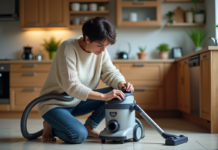 Conseils pour entretenir votre aspirateur traîneau performant et puissant Femme nettoyant le filtre d'un aspirateur dans la cuisine