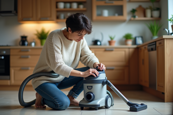 femme-nettoyage-filtre-vacuum Femme nettoyant le filtre d'un aspirateur dans la cuisine