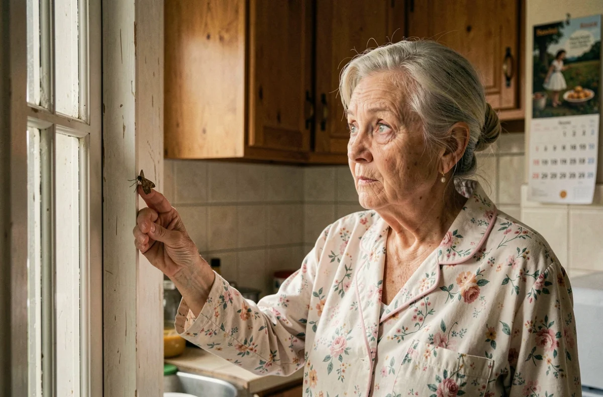 Femme âgée observant un papillon de nuit posé sur le cadre d'une porte de cuisine avec une expression de curiosité et de superstition