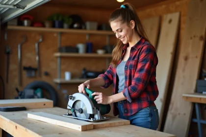 Jeune femme examine une scie circulaire dans un garage lumineux