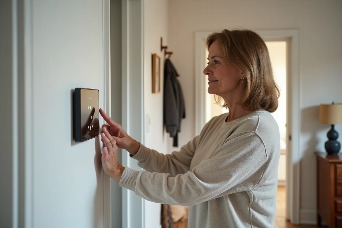 Femme utilisant un panneau de sécurité connecté dans l'entrée d'un appartement moderne, comparaison systèmes d'alarme Homiris et Verisure