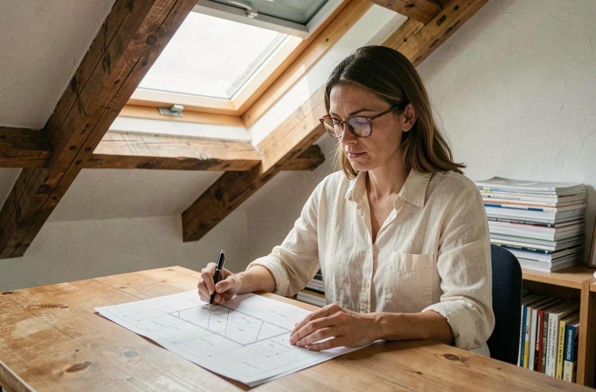 Femme consultant un plan de toiture et un tableau de dimensions VELUX dans un bureau mansardé sous une fenêtre de toit ouverte