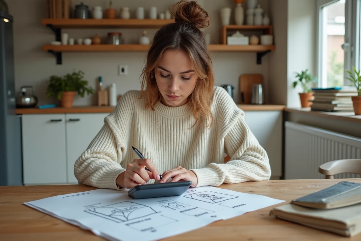 Femme planifiant son budget dans une cuisine moderne