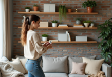 Design d’intérieur : Optimisation de l’espace en déco, astuces efficaces Jeune femme arrangeant des plantes dans un salon minimaliste