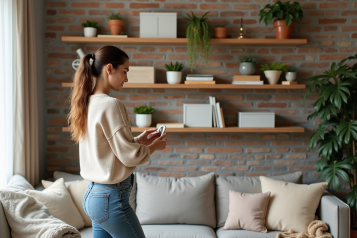 femme-plantes-salle-minimaliste Jeune femme arrangeant des plantes dans un salon minimaliste