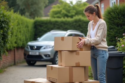 Femme plie des cartons de déménagement dans la cour