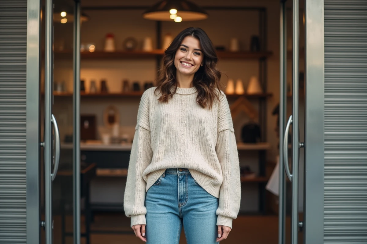 Femme propriétaire souriante devant un volet réparé dans sa boutique