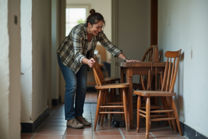 Femme souriante triant des meubles en ville
