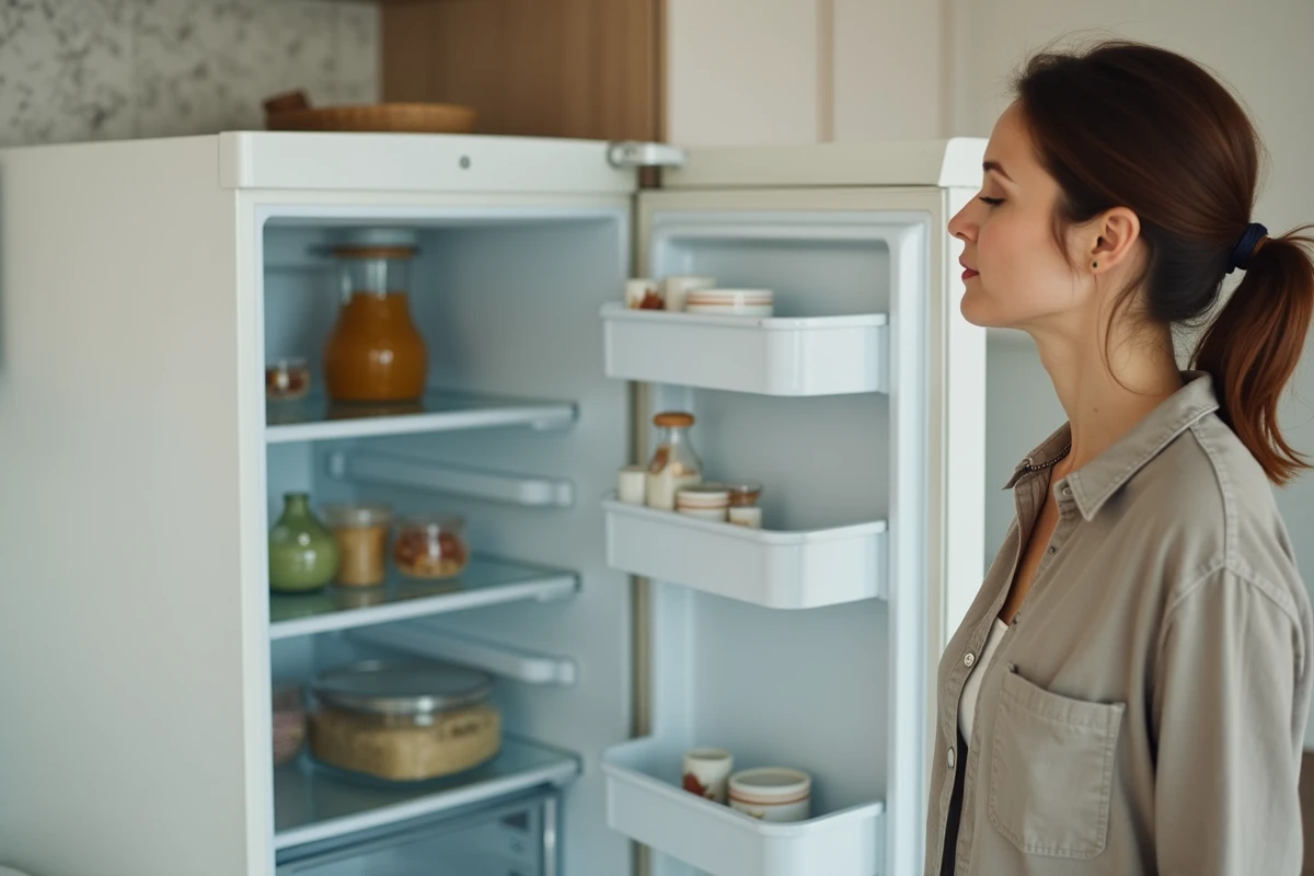 Femme inspectant l'intérieur d'un réfrigérateur vide avant son déménagement dans une cuisine propre