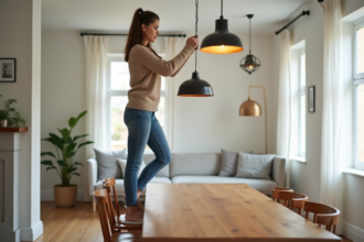 Femme en sweater ajuste un lustre moderne au plafond