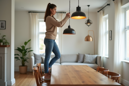 Femme en sweater ajuste un lustre moderne au plafond