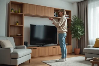 Femme frustrée dans son salon avec meuble TV encombrant