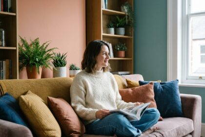 Femme en sweater crème dans un salon moderne et coloré