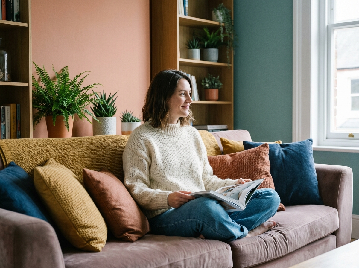 Femme en sweater crème dans un salon moderne et coloré
