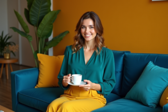 Femme en blouse teal et jupe jaune dans un salon moderne