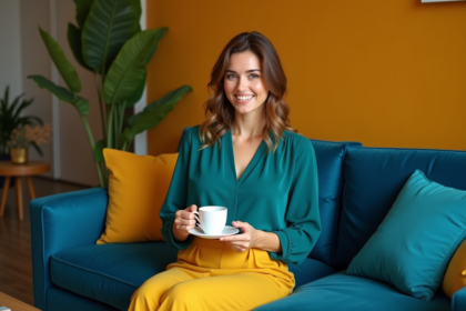 Femme en blouse teal et jupe jaune dans un salon moderne