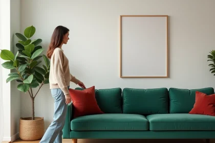Femme contemplant un mur en papier non tissé blanc dans un salon moderne