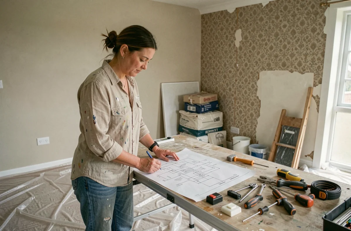 Femme consultant un schéma de câblage pour installer un interrupteur poussoir dans un appartement en rénovation