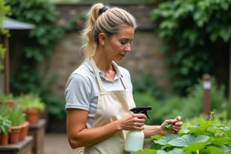 Femme appliquant un spray insecticide écologique fait maison sur des plants de légumes dans un potager