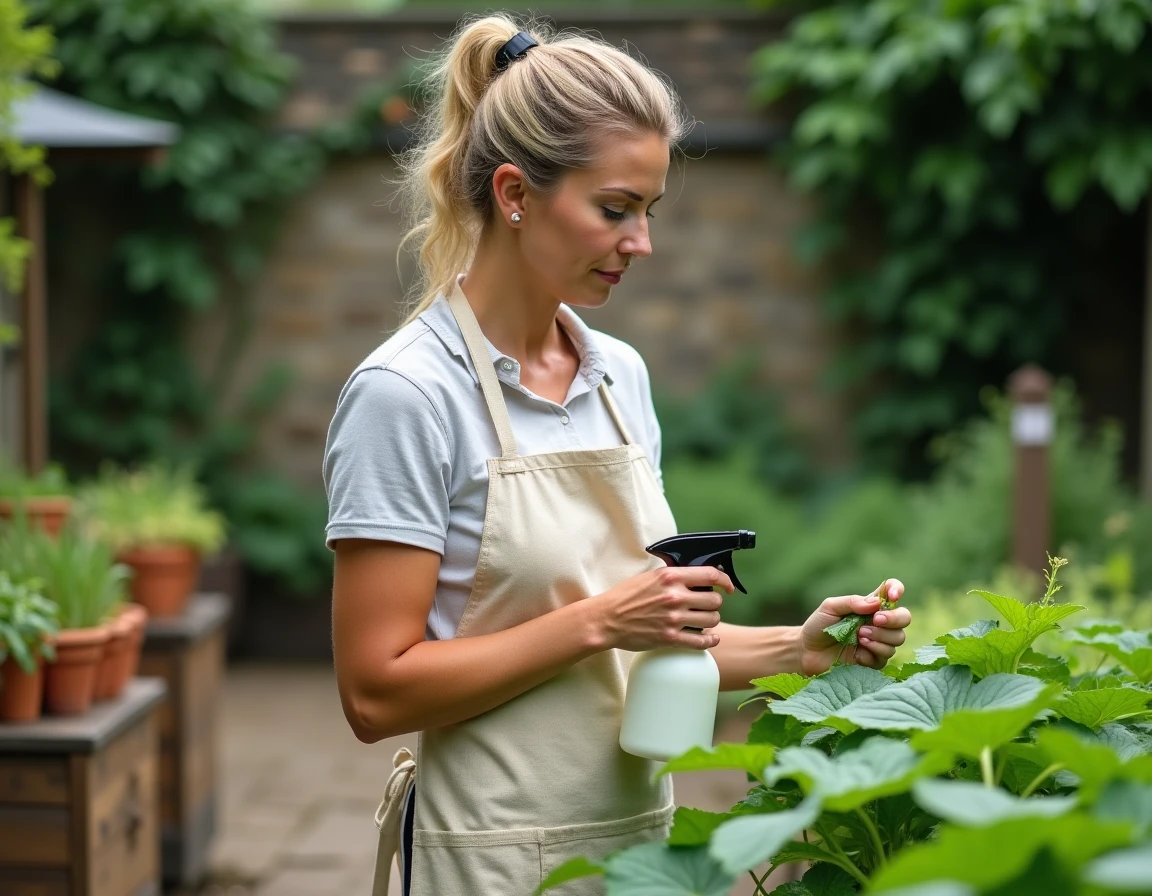 Femme appliquant un spray insecticide écologique fait maison sur des plants de légumes dans un potager