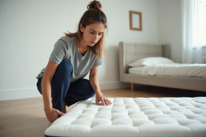 Femme examinant attentivement la qualité de mousse d'un matelas bon marché dans une chambre minimaliste