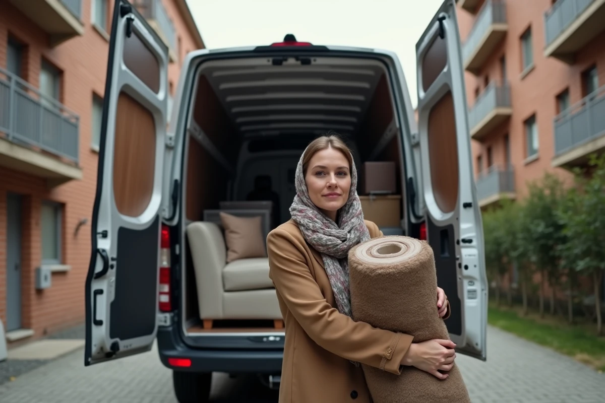 Femme portant un tapis vers une petite camionnette en ville