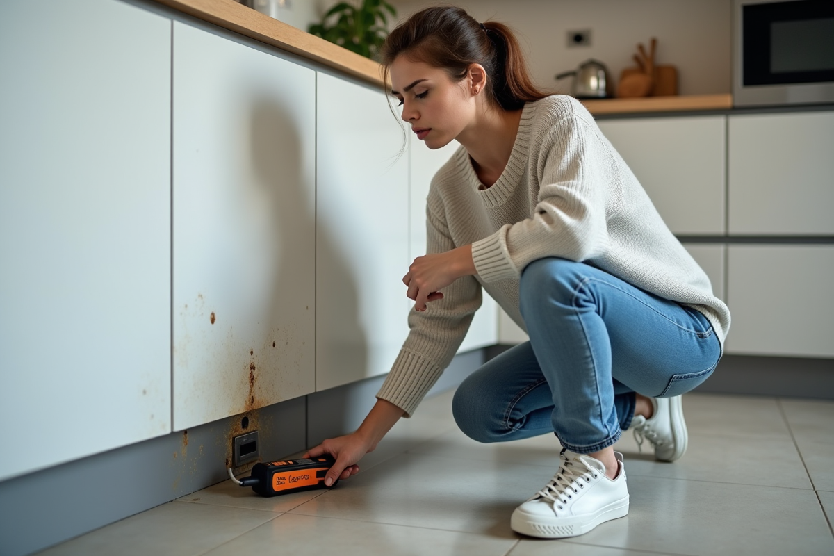 Jeune femme vérifiant une prise humide dans la cuisine