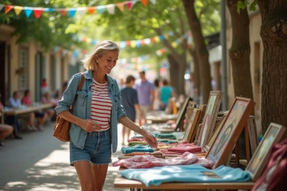 Femme arrangeant objets vintage lors d'un vide grenier en France