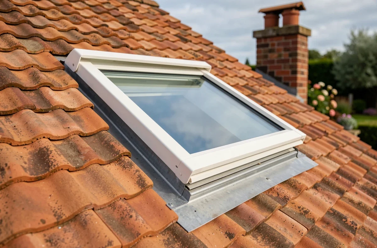 Fenêtre de toit VELUX intégrée dans une toiture en tuiles avec raccord d'étanchéité visible et pente prononcée