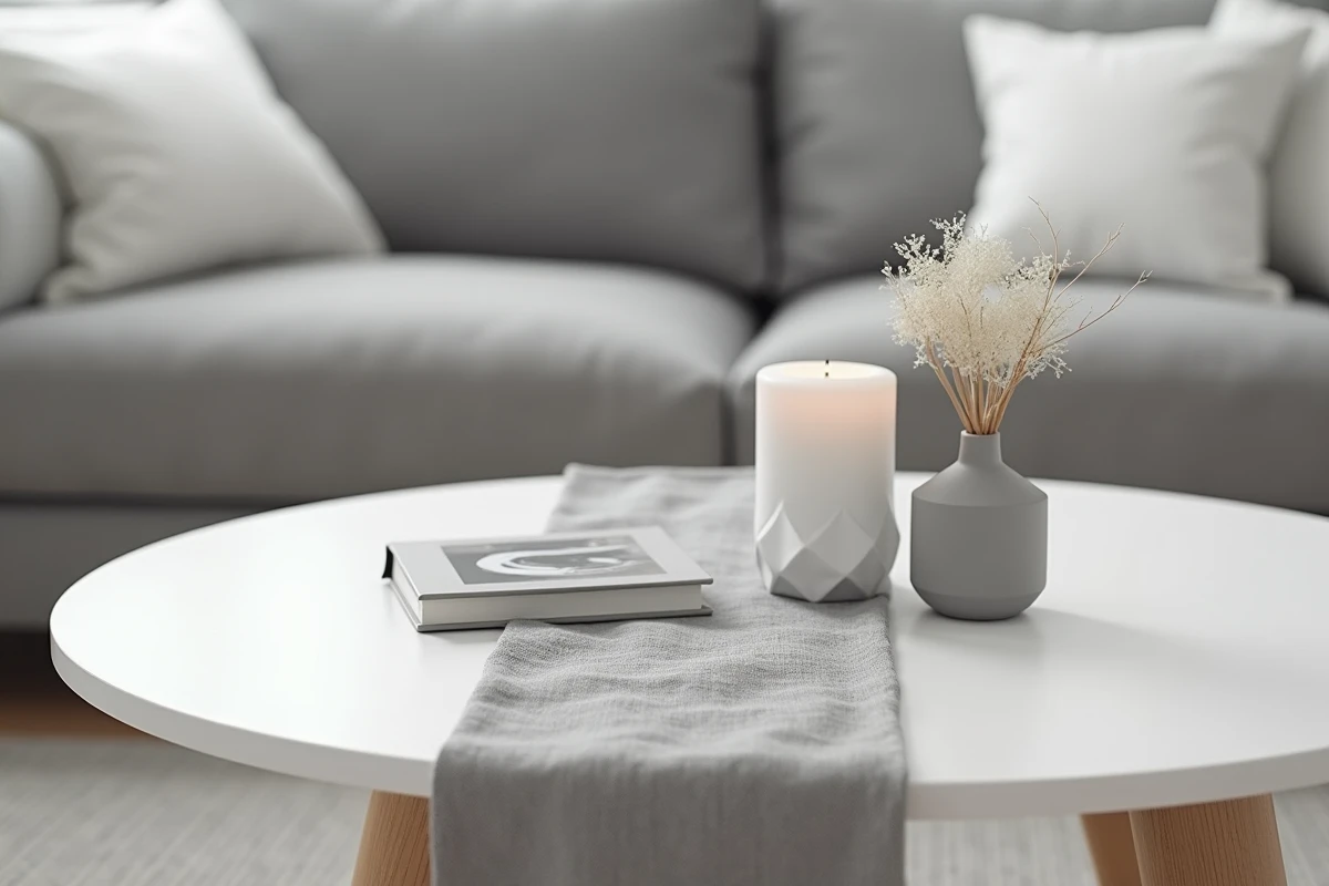 Flat-lay stylisé sur table basse en bois blanc avec bougeoir en béton gris, livre d'art et fleur séchée dans un salon blanc