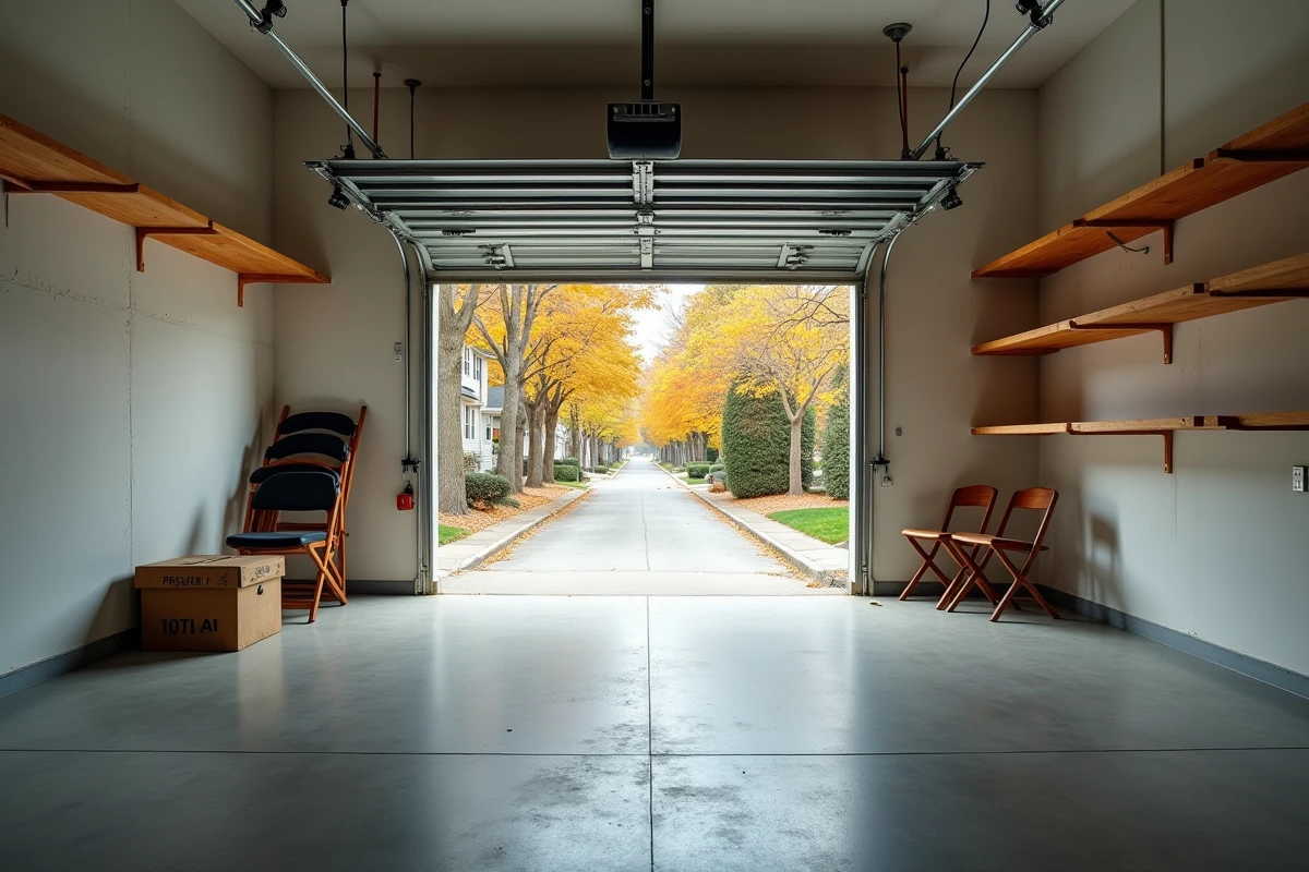 Intérieur de garage vidé et organisé après un débarras complet, prêt à être réutilisé