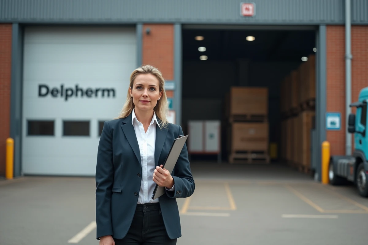 Femme gestionnaire devant une grande porte industrielle