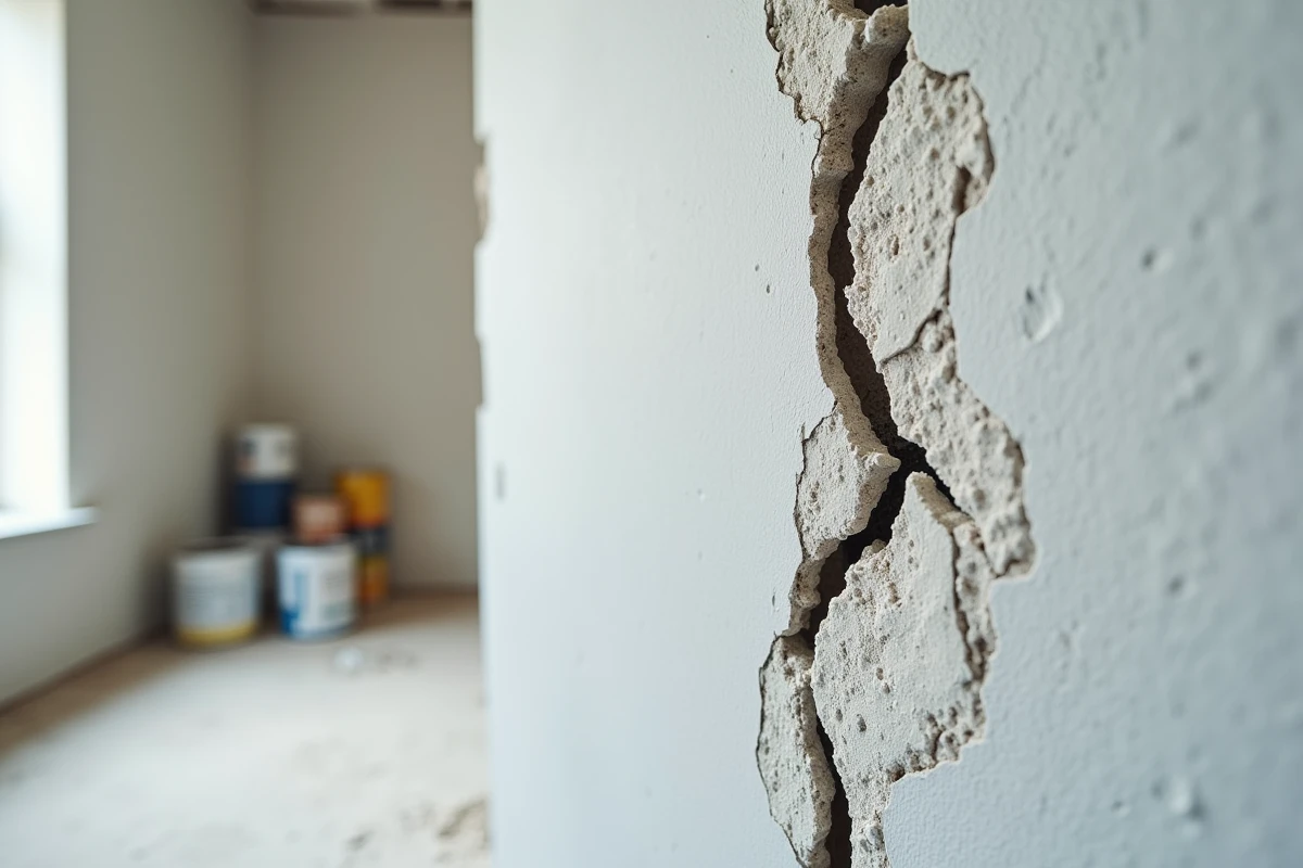Gros plan d'une fissure en angle entre le plafond et le mur avec plâtre fissuré et peinture écaillée avant réparation
